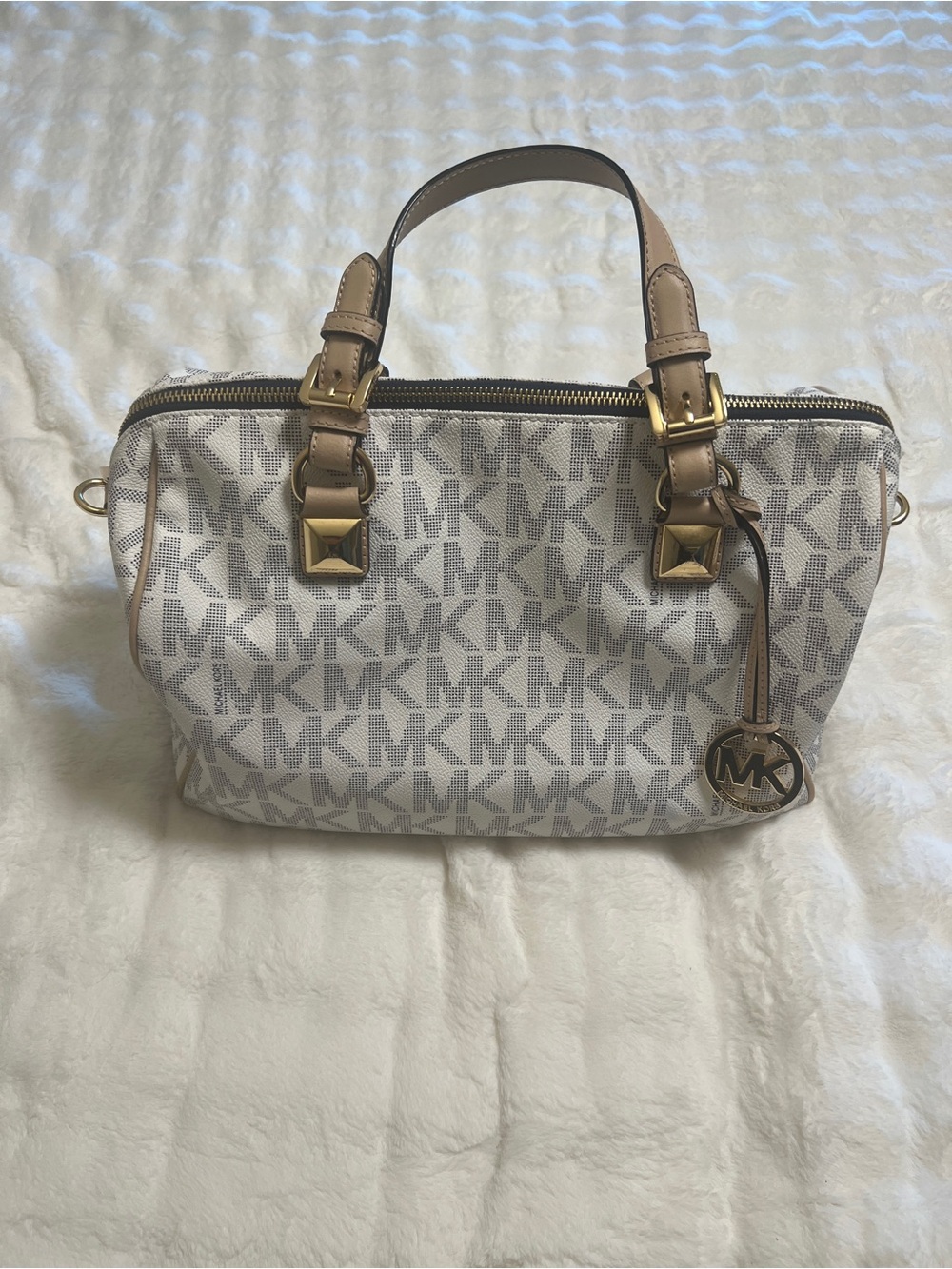 Michael Kors White & Beige MK Logo Satchel